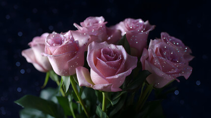 Pink Roses with Dew Drops: A bouquet of six delicate pink roses, adorned with glistening dew drops, stands out against a dark background. The image evokes feelings of romance, beauty, and tranquility.