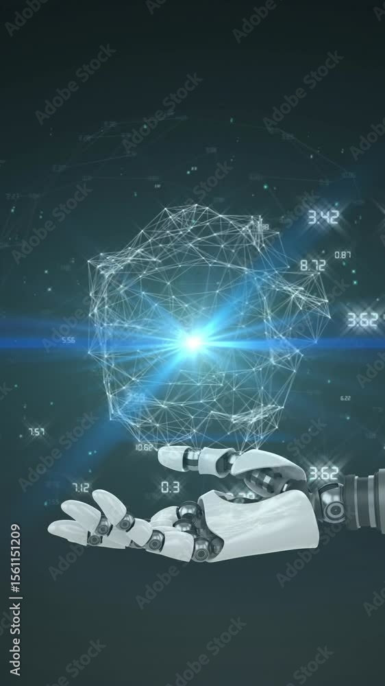 Poster animation of network of processing data over hand of robot arm, with blue light on black background