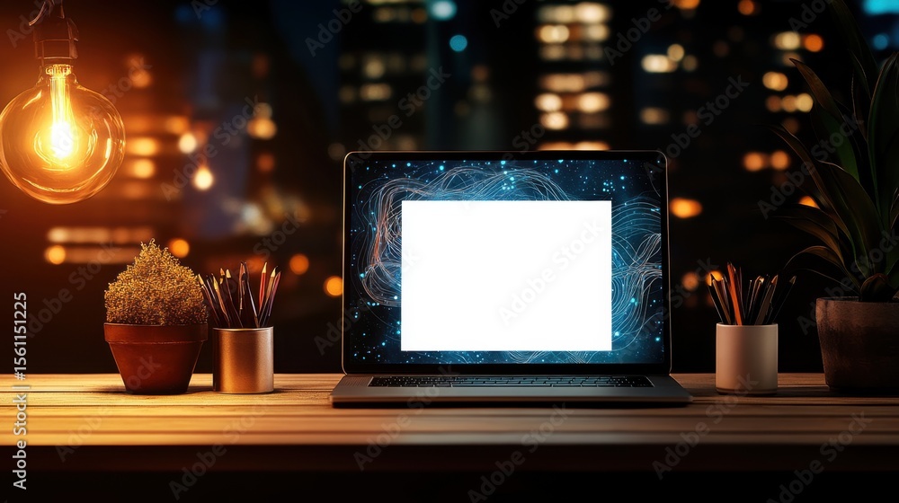 Poster cozy study corner displaying ai aorithms on a laptop with 4-giixel-standard clarity, creating a warm