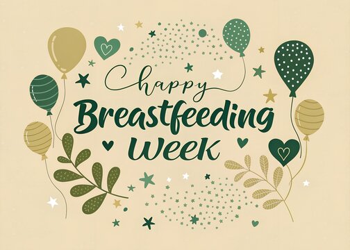 August Celebration of World Breastfeeding Week: Handwritten Font with Hearts and Green Background. Generative AI - Powered by Adobe