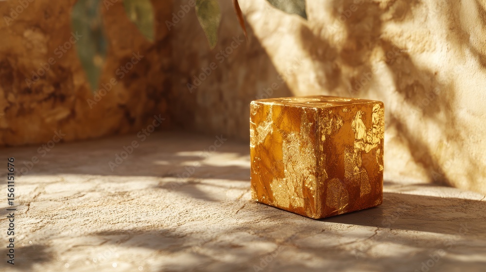 Poster golden cube display podium on a textured surface.