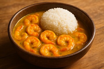 Delicious shrimp curry with steamed rice served in a rustic wooden bowl