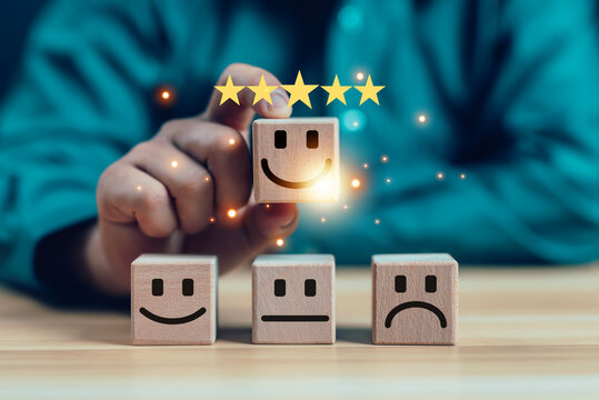 Customers rate their satisfaction digitally with virtual icons for positive reviews, customer service, and online consumer interactions on a service business platform. Customer Digital Survey Reviews	