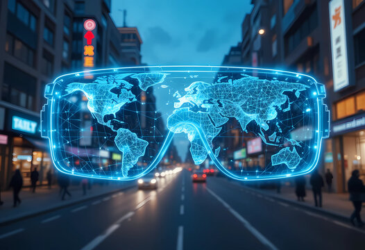Virtual reality headset displaying world map overlay on a city street with cars and pedestrians