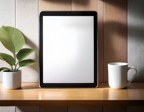 Mock up of single digital tablet with blank white screen placed on wooden table