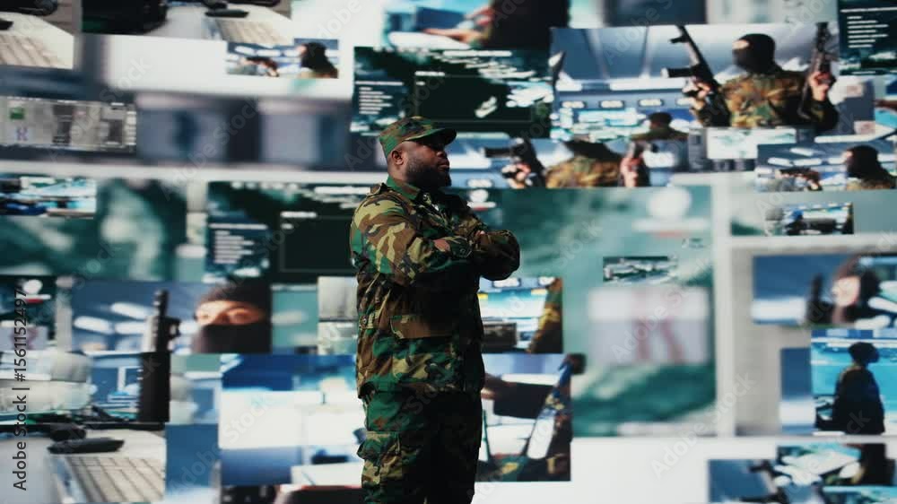 Aufkleber black soldier operating in a virtual war zone using digital technology and threat detection tools, s