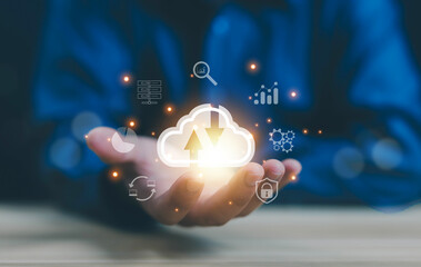 Cloud computing diagram showing cloud technology infographic icons and hand touch cloud in cloud...