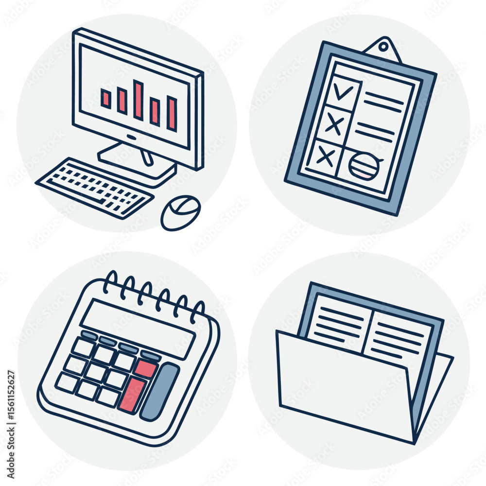 Poster isometric office icons showing a computer with a graph, clipboard, calendar, and open file folder ic