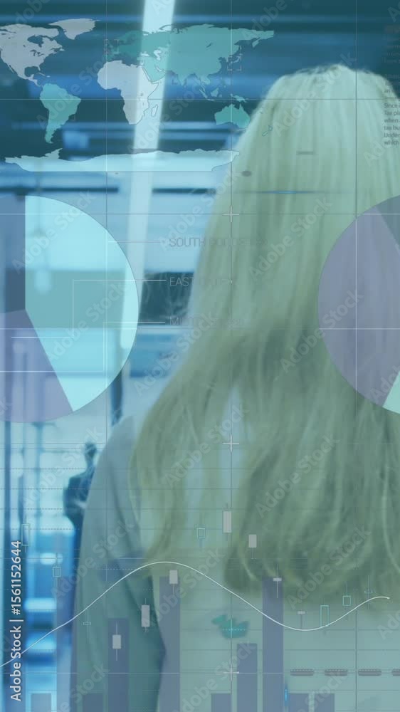 Poster animation of statistical data processing against caucasian woman using smartphone at office