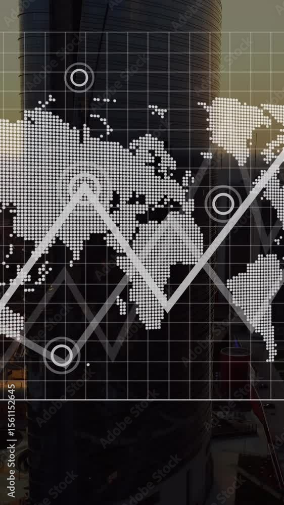 Aufkleber animation of graphs, map and loading bar over aerial view of modern cityscape against sky