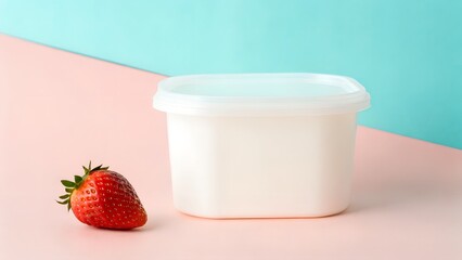 Fresh red strawberry placed beside a white plastic container on a pastel pink and blue background, showcasing vibrant colors and minimalistic design for food photography