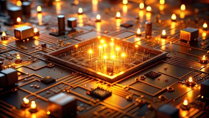 Illuminated Circuitry A Close-Up View of a Complex Microprocessor's Glowing Core and Interconnecting Pathways