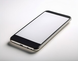 Mock up photo of single modern smartphone with blank white screen, isolated on white background