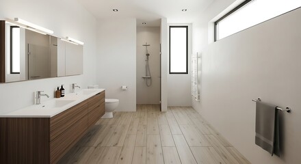 Fototapeta premium Modern minimalist bathroom interior design with wooden accents and bright ambiance