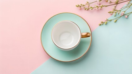 Empty white teacup with gold accents on mint green saucer, surrounded by soft pink flowers, set against a pastel pink and blue background, creating a serene atmosphere
