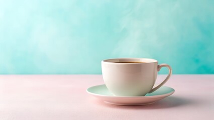 Ceramic coffee cup filled with steaming beverage on pink surface, against a soft blue backdrop, creating a serene and inviting coffee moment