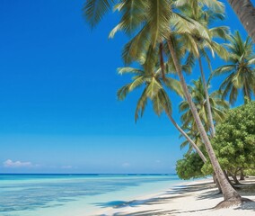 Generative ai image of a tropical beach with clear water and coconut trees under a bright blue sky