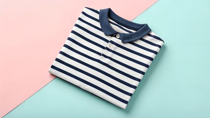 Folded striped polo shirt in navy and white colors, placed on a pastel pink and blue background, showcasing modern casual fashion and textile design