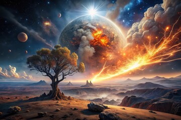 A Lone Tree Stands Witness to a Cosmic Inferno, a Fiery Celestial Event Unfolding Across a Desolate, Mountainous Landscape Under a Starry Sky