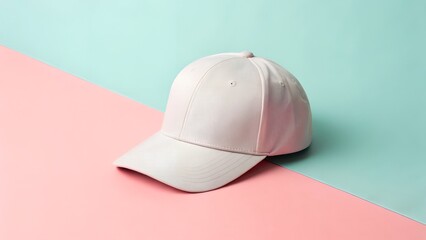 Pink baseball cap rests on a colorful pastel background, highlighting its smooth texture and modern design, ideal for fashion and casual style enthusiasts