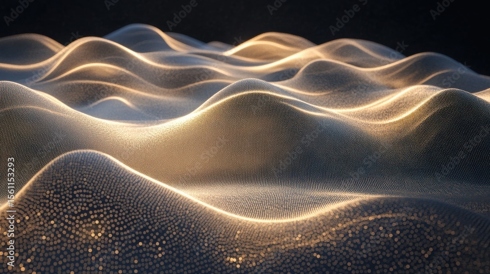 Poster Abstract golden particles creating undulating surface in digital space