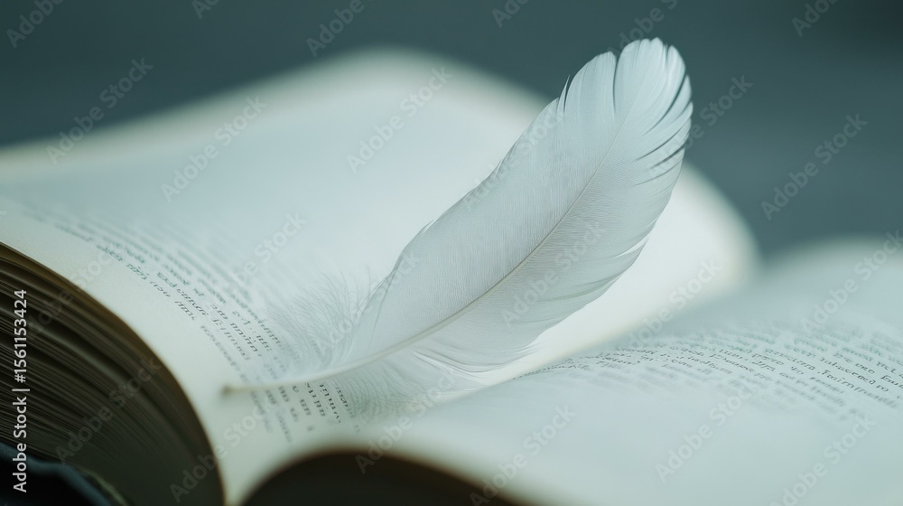 Poster feather resting on open book pages indoors during daytime