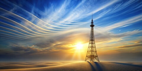 A lone communication tower stands silhouetted against a vibrant sunset, ethereal waves of light streaming across the desert sky, symbolizing the boundless reach of global connectivity.