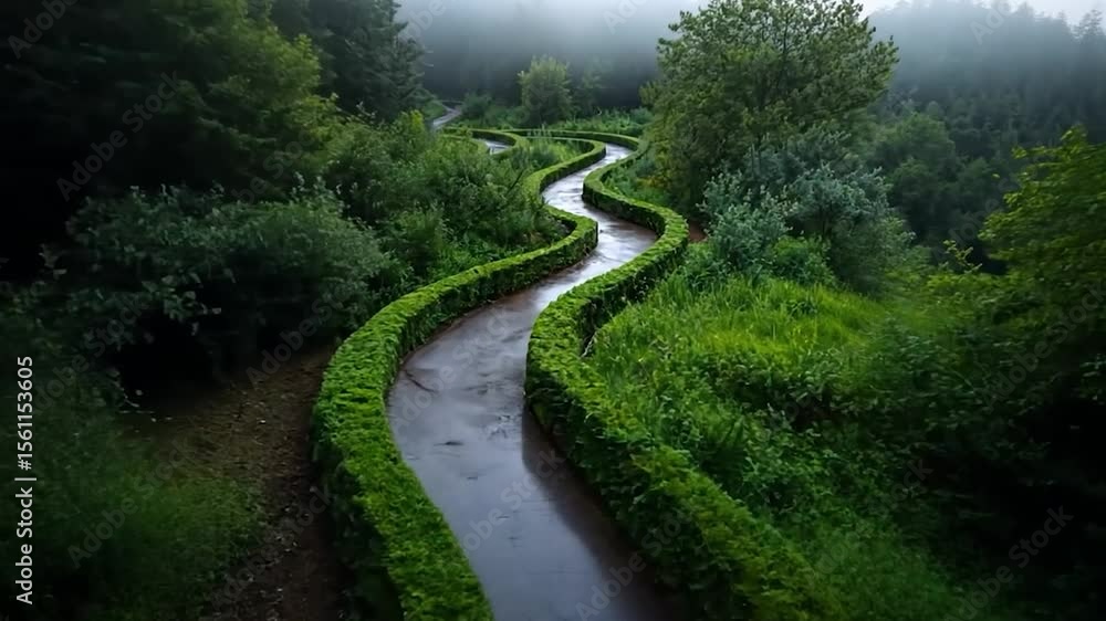 Poster winding pathway through lush green foliage under a misty atmosphere. the path is bordered by neatly 