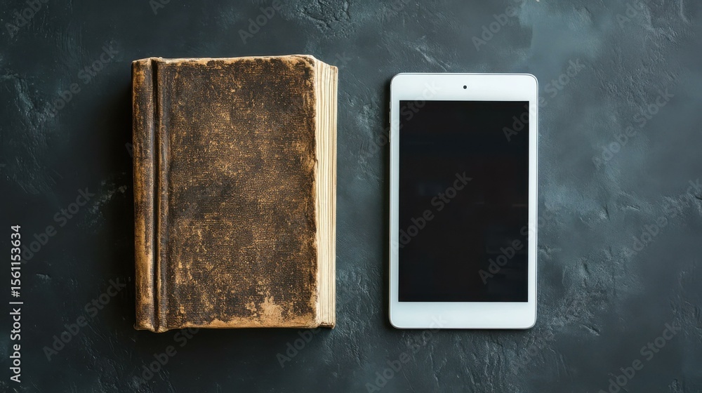 Poster old book and tablet computer on dark gray table