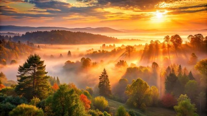 Golden Sunrise Illuminates Misty Autumnal Woodland Valley with Sunbeams Piercing Through Canopy