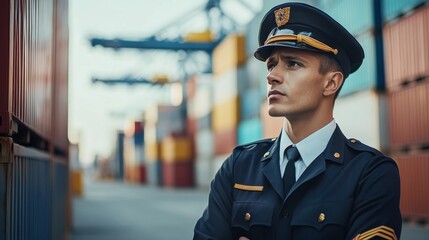 Obraz premium Serious young man in uniform at industrial port during daytime