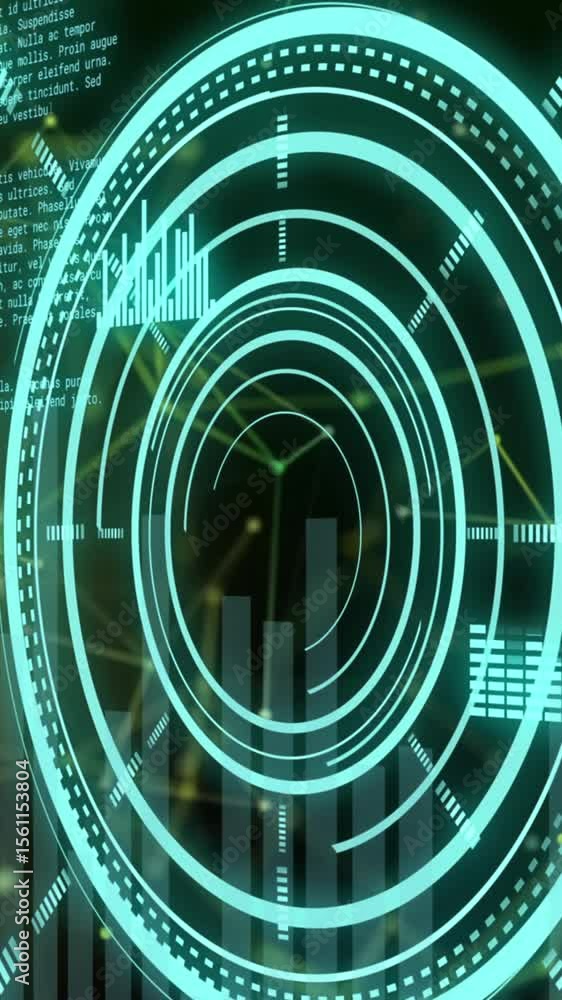 Poster animation of round scanner, statistical data processing, network of connections on black background