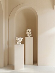 Sculptures on pedestals against neutral arch backdrop