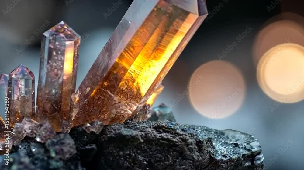 Poster macro shot of illuminated crystal clusters in shades of orange and brown against a blurred backgroun