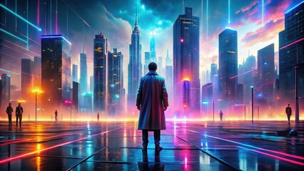 A lone figure in a long coat contemplates a vibrant futuristic cityscape at twilight, illuminated by neon lights and streaks of energy, with other individuals scattered across the reflective plaza.