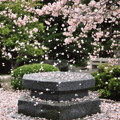 Stone monument with cherry blossom petals
