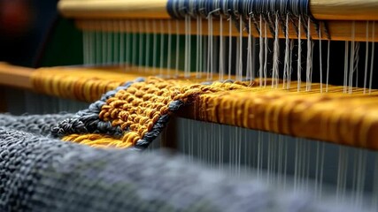 Close-up shot of a weaving loom in action showcasing orange and gray textiles wooden frame threads illuminated by bright light