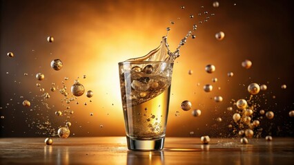 Golden Liquid Celebration A Sparkling Beverage with Suspended Orbs in Motion