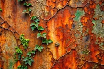A vibrant green ivy vine gracefully climbs a weathered, rust-covered metallic surface, its tenacious growth a testament to nature's enduring strength and beauty.