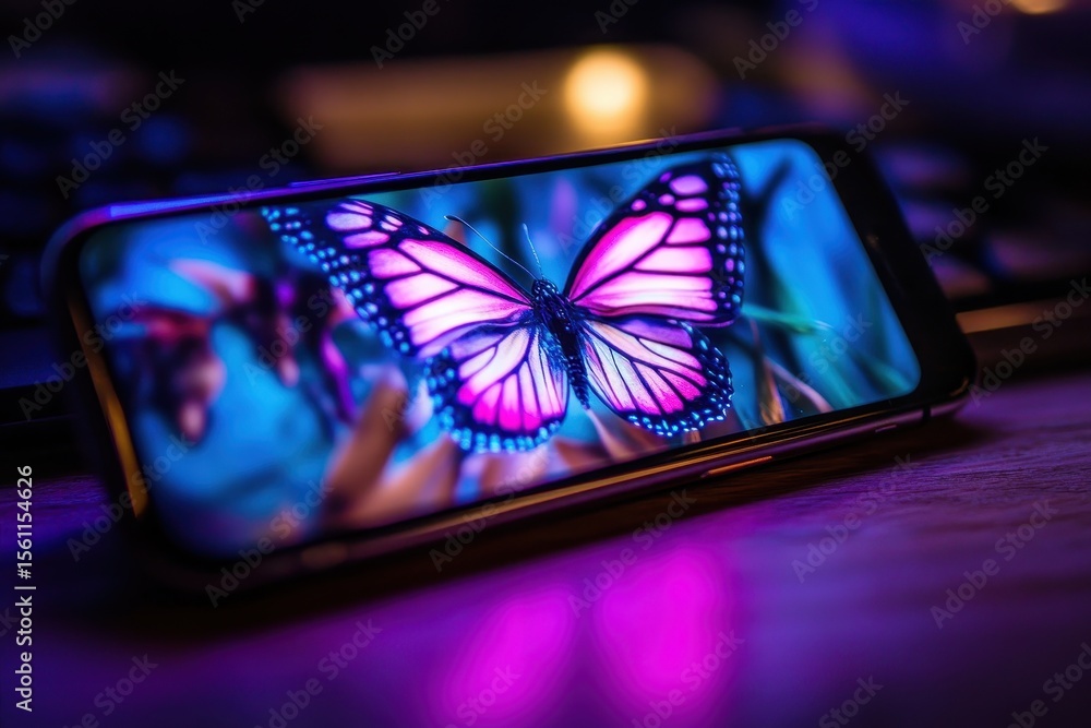 Poster close-up of a smartphone displaying a vibrant butterfly image.