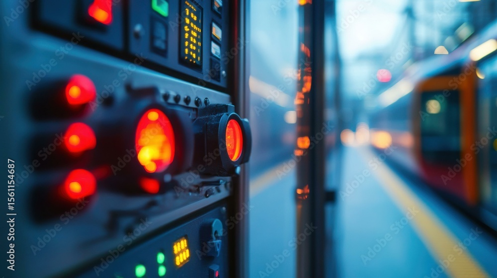 Poster Illuminated control panel with buttons at urban transportation hub