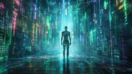 Obraz premium Gender neutral adult standing in digital code at night