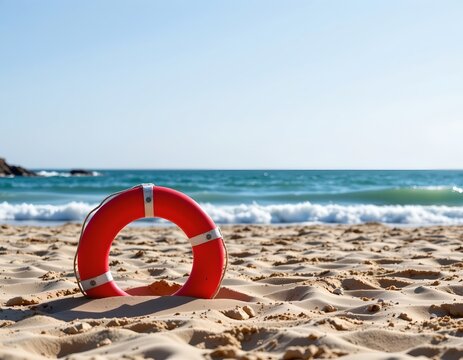 the image captures a serene beach scene with minimal elements, in the foreground, there is a prominent red lifebuoy resting on the sandy shoreline