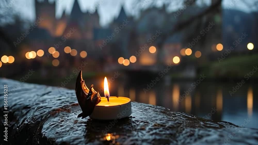 Aufkleber close up of a lit candle with a leaf on a wet stone wall against a blurred background of lights and 