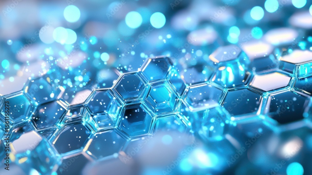Poster Abstract glowing blue hexagonal pattern with particles of light