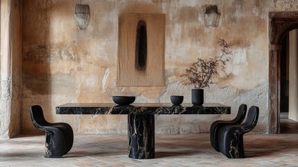 Boho-style black marble table and chairs against stucco wall