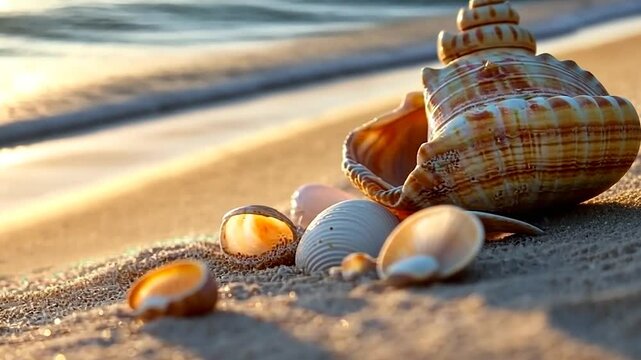 Detailed view of shells on a sandy beach near the ocean shore reflecting sunset light. Featuring various shell sizes and colors against a blurred water background