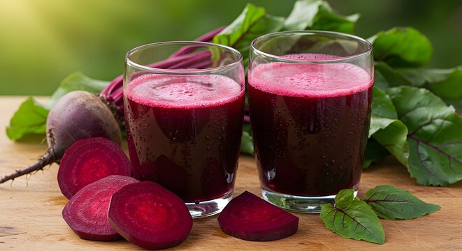 Suco de beterraba em dois copos transparentes em cima de uma mesa