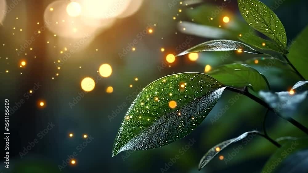 Poster close-up of vibrant green leaves adorned with water droplets and sparkling bokeh lights creating a m