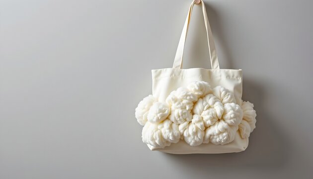 the image displays a simple yet whimsical scene featuring a white cloud shaped tote bag hanging against a plain background, the bag is designed with a cloud motif